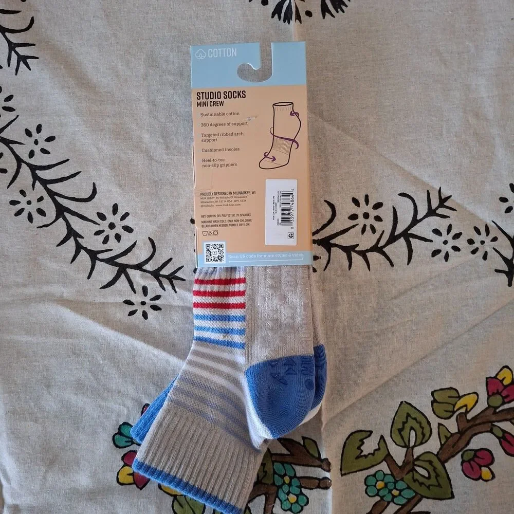 Muk Luks L Mini Crew Socks 2 Pair Pack Cushioned Non-Slip Yoga Colors vary !